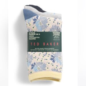 Ted Baker Blue Yellow Floral Dress Crew cut Knit Bamboo Blend Socks 3 pack